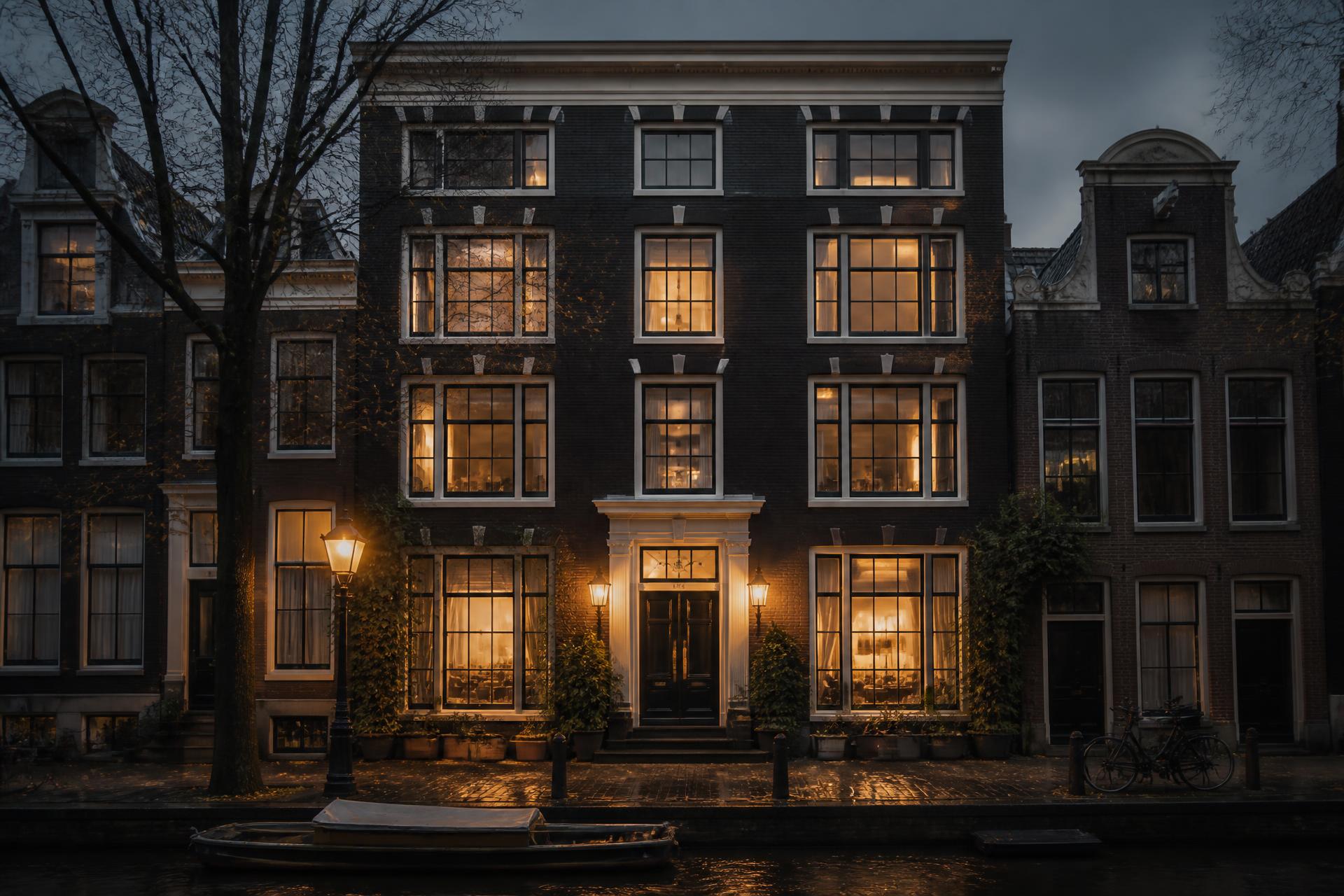 Karakteristiek Amsterdams grachtenpand in de avond