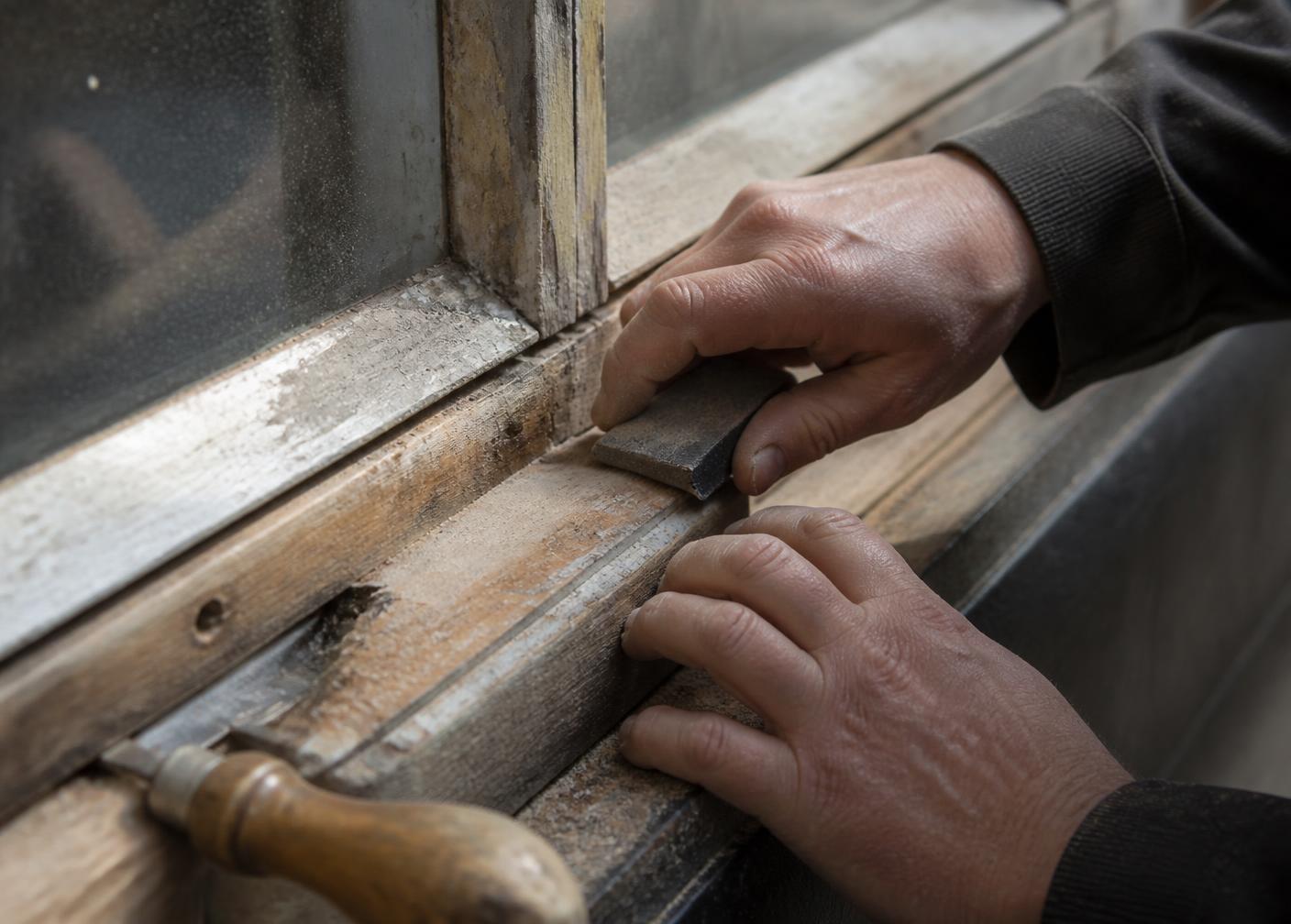 Vakman schuurt een oud kozijn in een Amsterdams pand